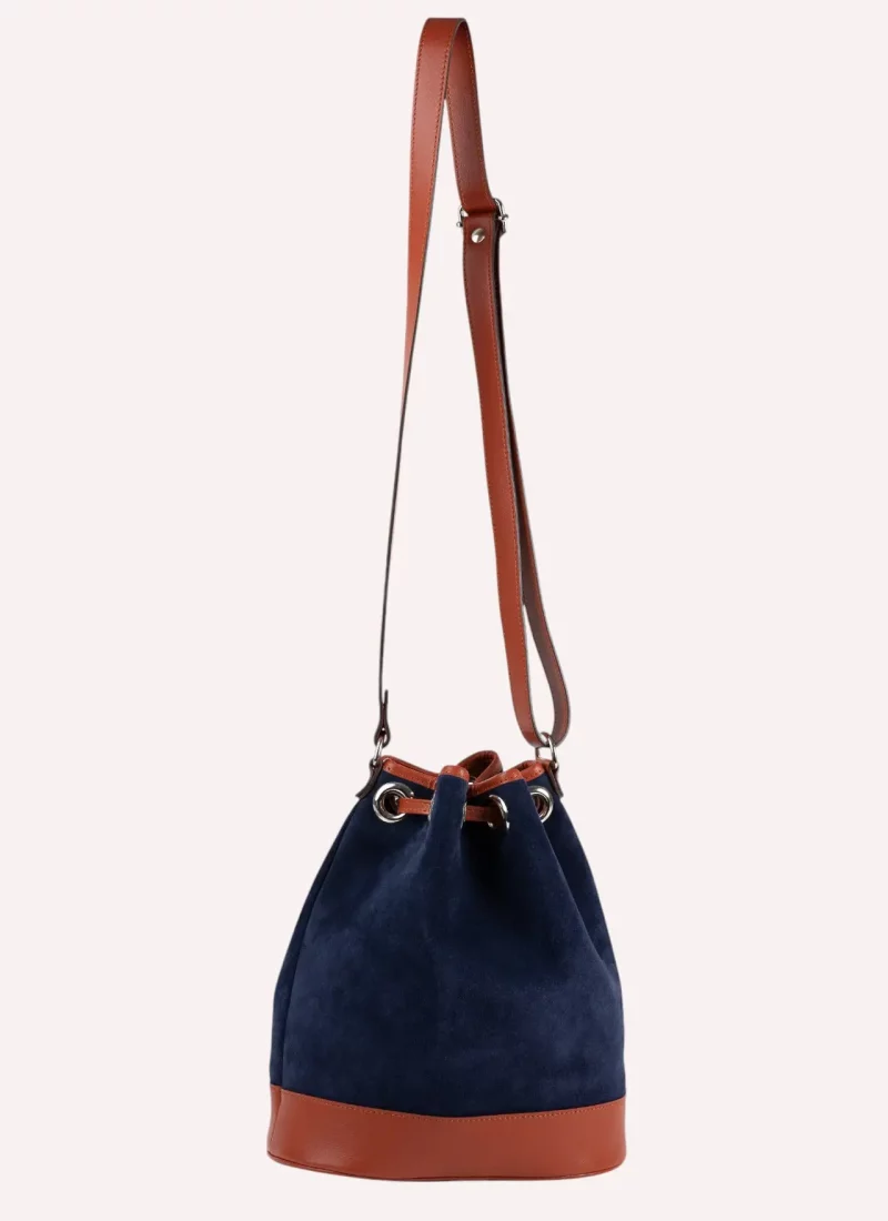 Sac Agathe - Cuir camel - Velours Bleu nuit - Suspendu arrière