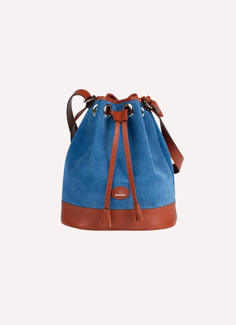 Sac Agathe - Cuir camel - Velours bleu clair-Fabriqué en France