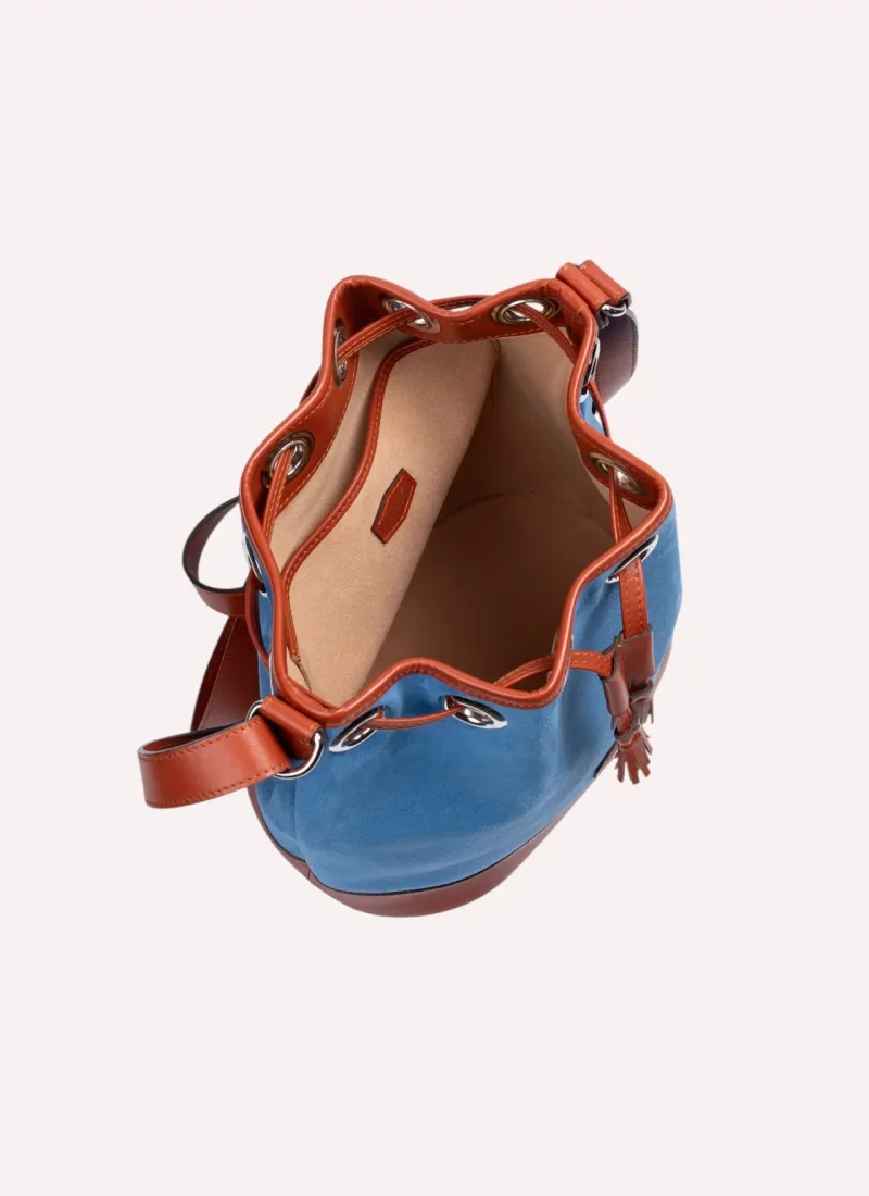 Sac Agathe - Cuir camel - Velours bleu clair - Intérieur