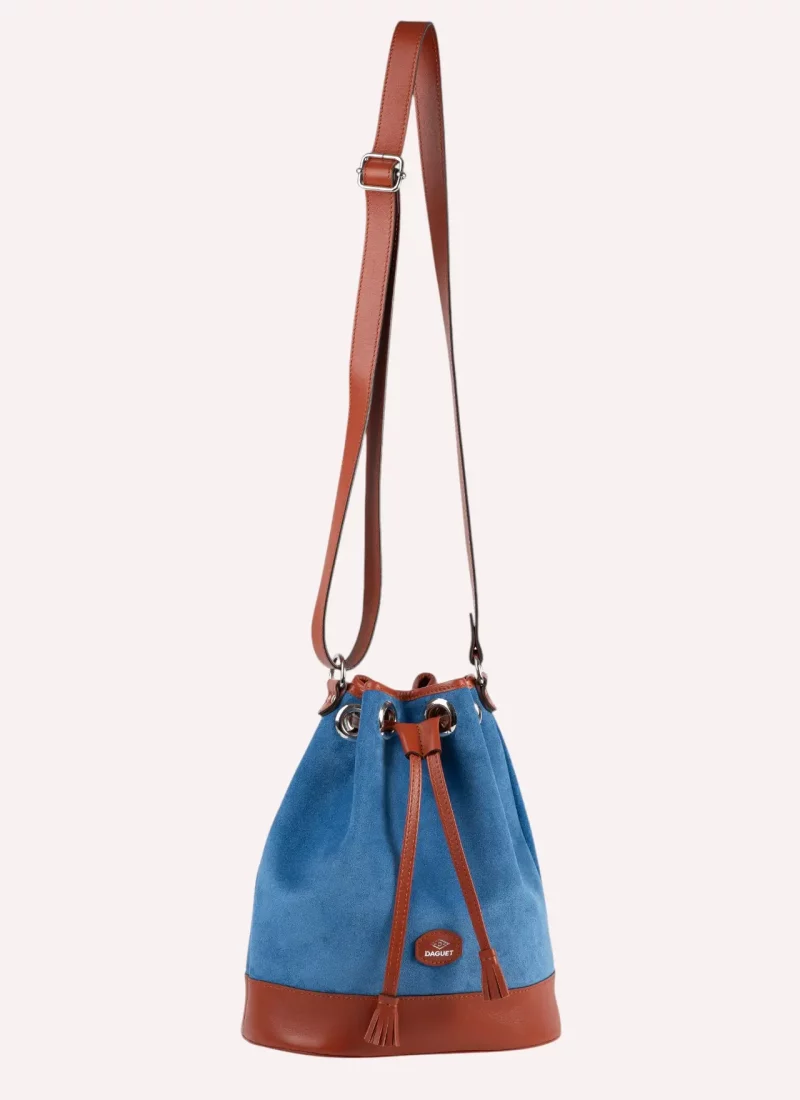 Sac Agathe - Cuir camel - Velours bleu clair - Suspendu